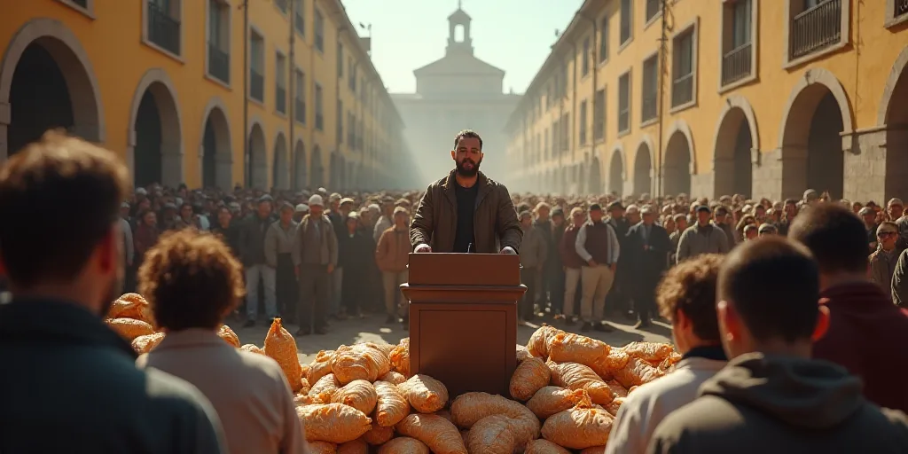 a man standing at a podium with bags of food in front of him and a crowd of people behind him, Diego