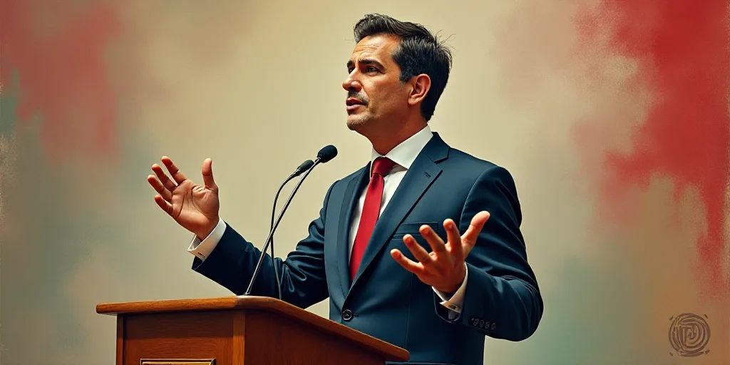 a man standing at a podium with his hands up in front of him and a microphone in front of him, Ánge