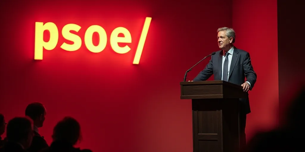 a man standing at a podium with a microphone in front of a red sign that says psoe / /, Carles Delcl