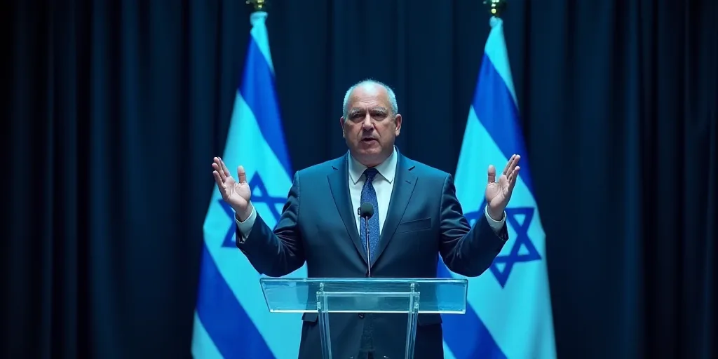 a man standing at a podium with his hands up in front of him and two israeli flags behind him, Avigd