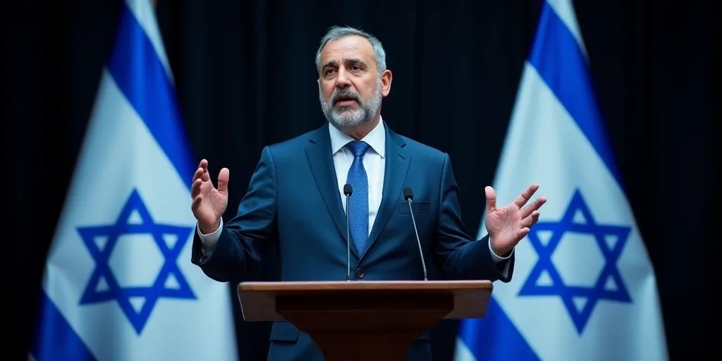 a man standing at a podium with his hands up in front of him and two israeli flags behind him, Avigd