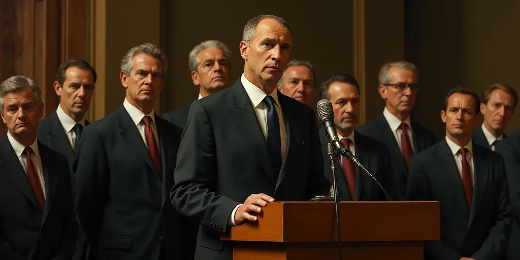 a man standing at a podium with other men behind him in suits and ties, all looking at a microphone,