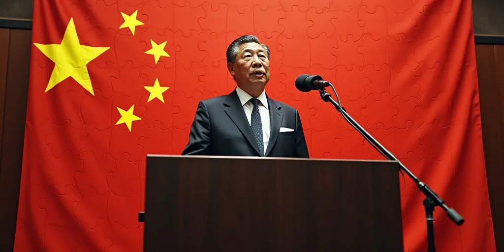 a man standing at a podium with a microphone in front of two flags and a microphone in front of him,