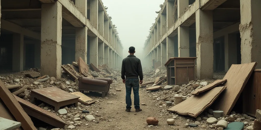 a man standing in a destroyed building with debris everywhere around him and a pile of furniture and