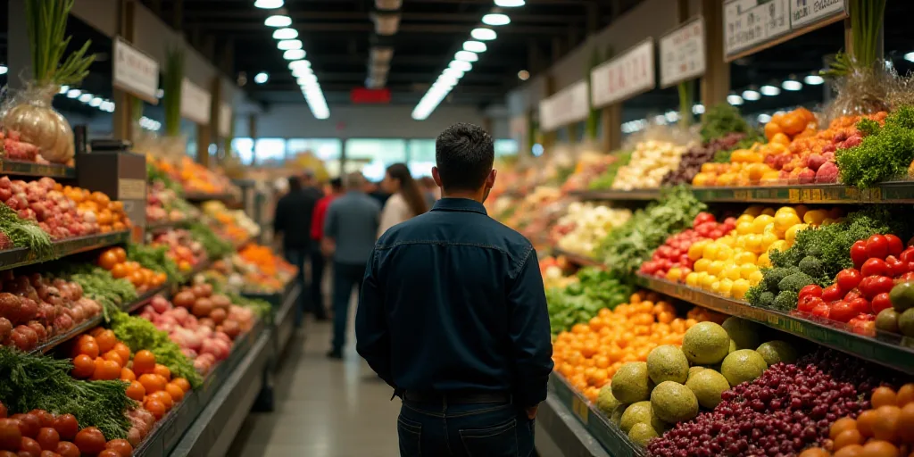 a man standing in front of a display of vegetables and fruits in a store with people looking at it,