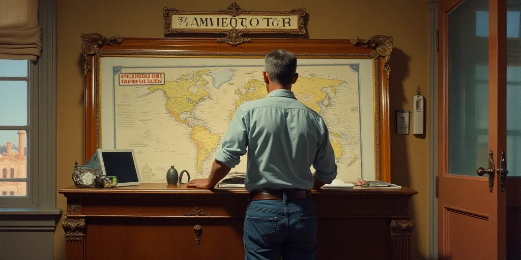 a man standing in front of a desk with a sign on it that says america's work and travel, Americo Mak
