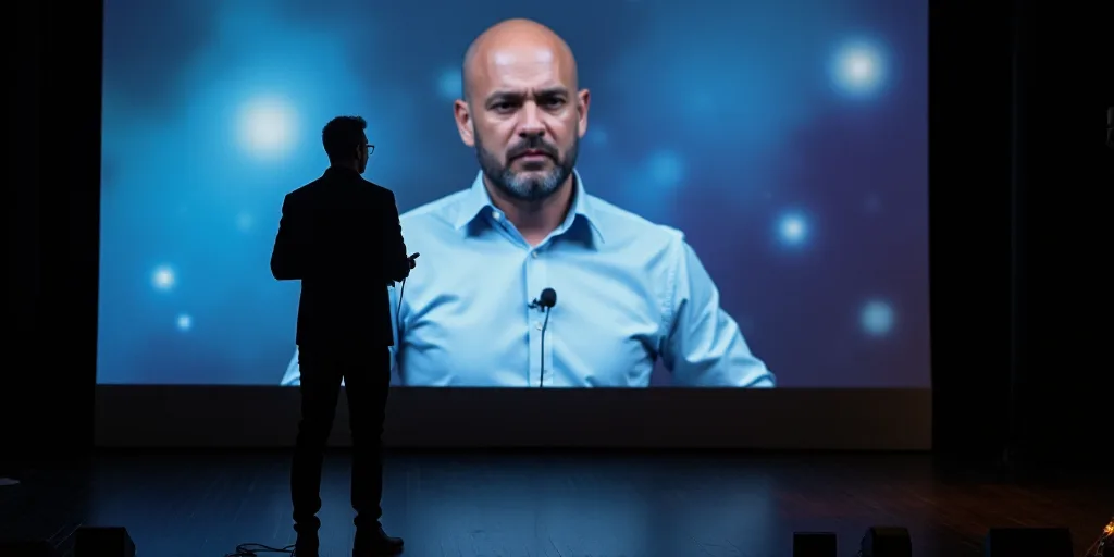 a man standing in front of a large screen with a microphone in his hand and a video on the wall, Edi
