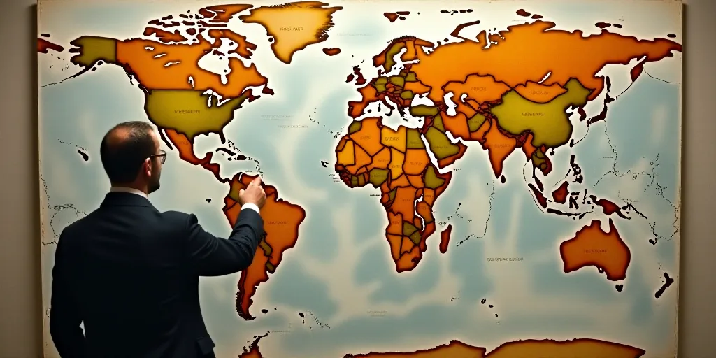 a man standing in front of a map of the world pointing to it with his finger to the side, Amédée O