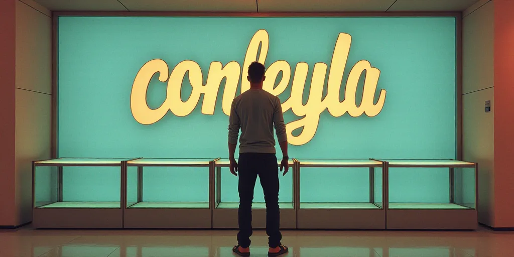 a man standing in front of a sign that says conleya on it and a glass case in front of it, Eduardo L
