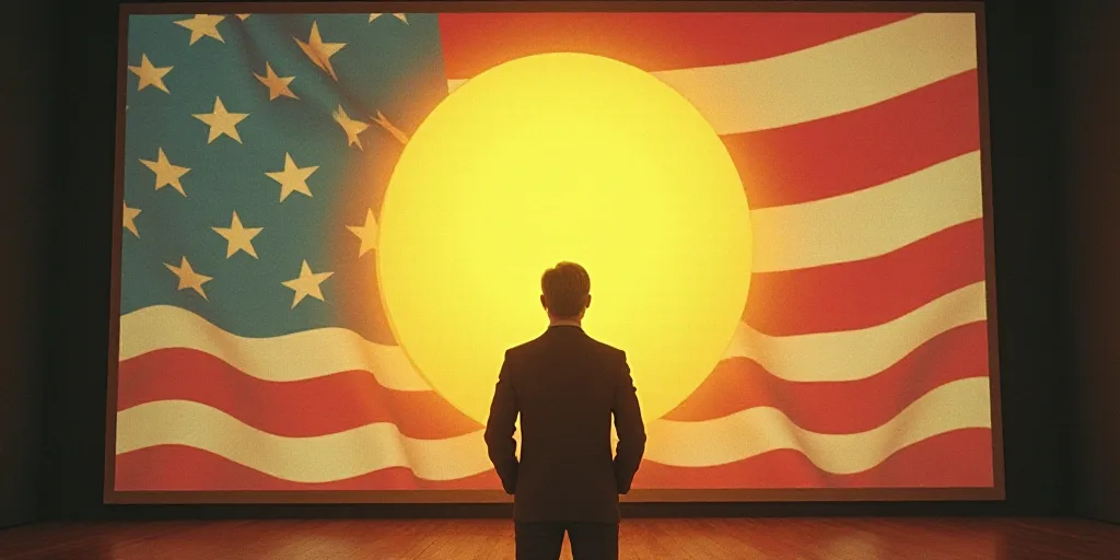 a man standing in front of a screen with a flag on it and a sign that says golden dome for america,