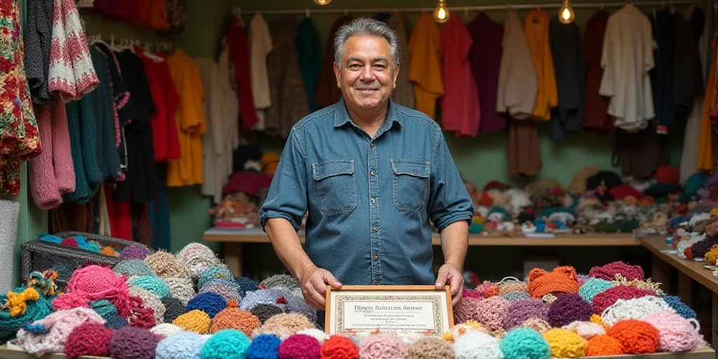 a man standing in front of a table full of crochet items and knitting supplies, with a sign in front