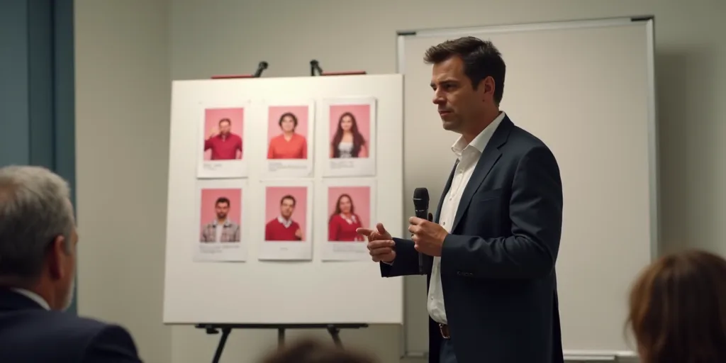 a man standing in front of a white board with red and white pictures on it and a microphone in his h