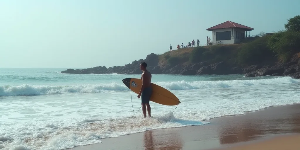 a man standing in the ocean with a surfboard in his hand and a building in the background with peopl