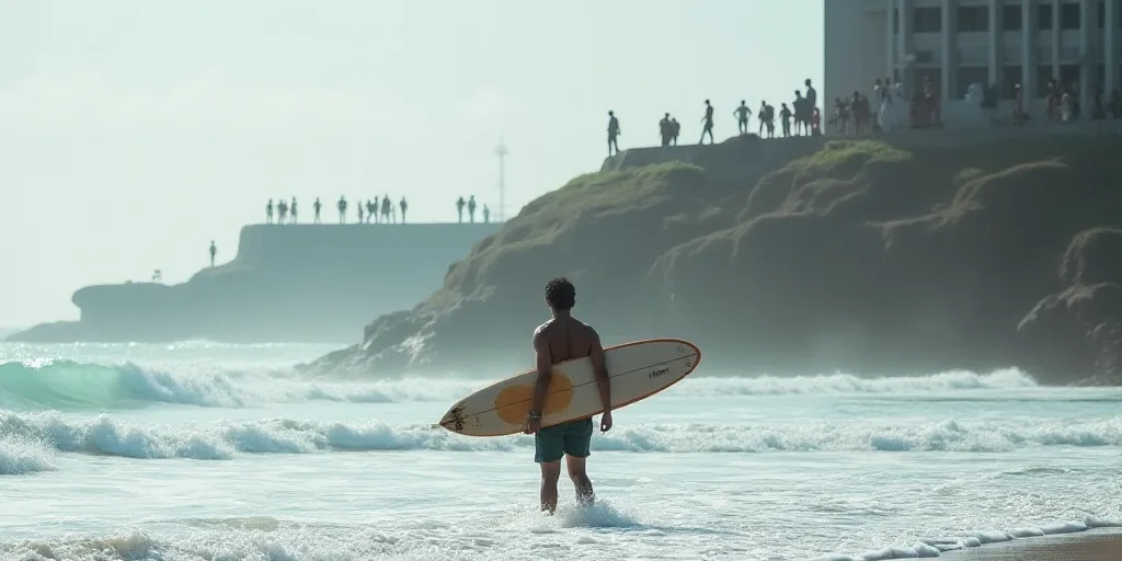 a man standing in the ocean with a surfboard in his hand and a building in the background with peopl
