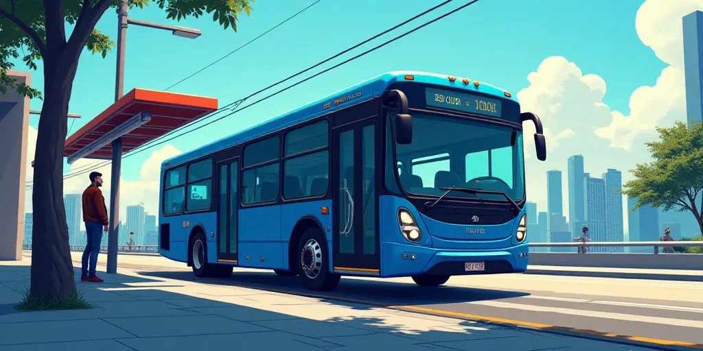 a man standing next to a blue bus at a bus stop with a man standing next to it and a bus, Eddie Mend