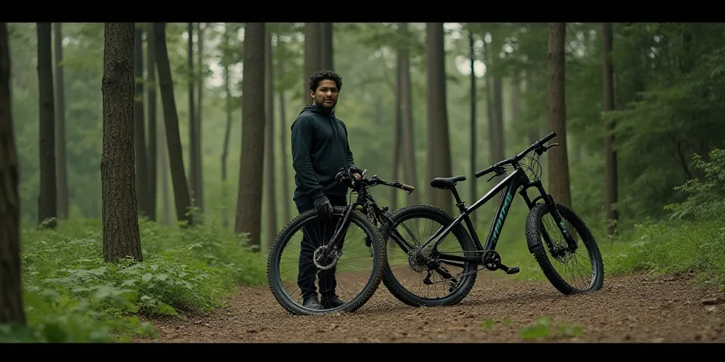 a man standing next to a broken bike in the woods with trees in the background and a forest area, Da