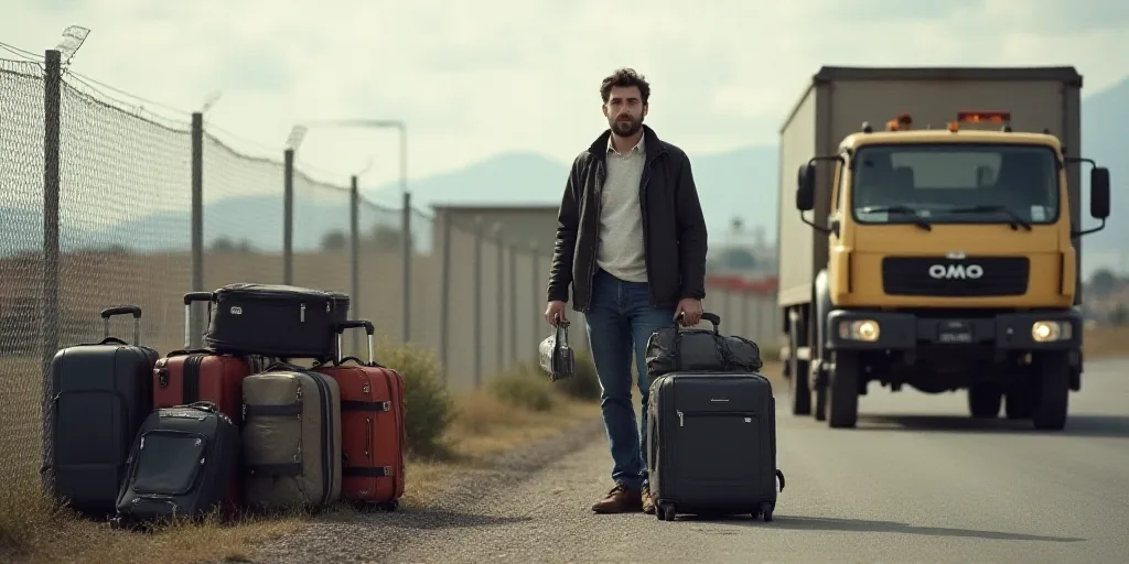a man standing next to a bunch of luggage bags near a fence and a truck with a sign on it, Fikret Mu