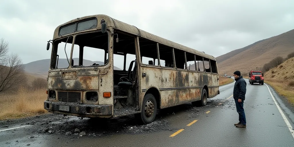 a man standing next to a burned bus on a road with other cars and trucks in the background and a hil
