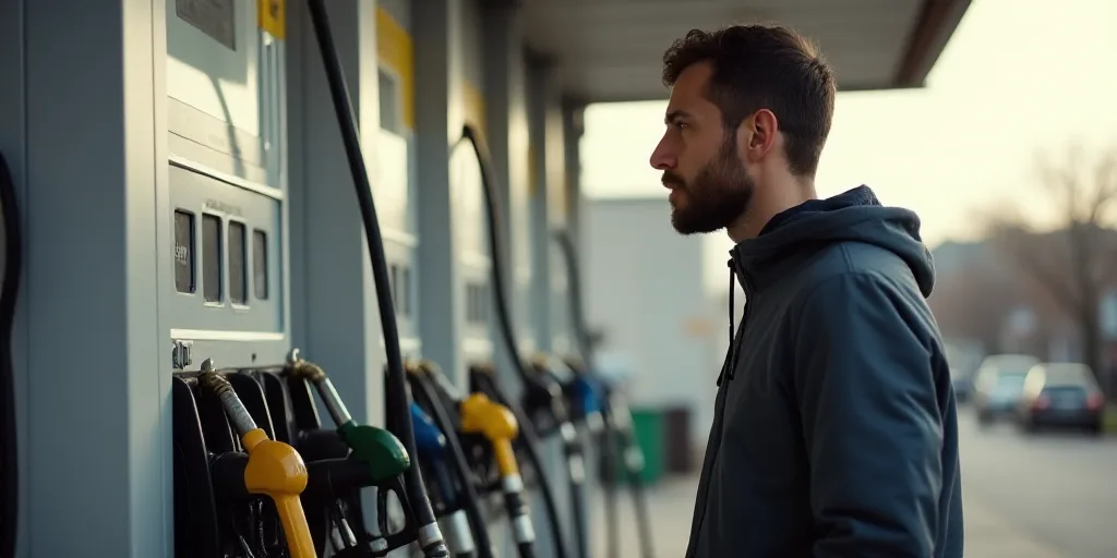 a man standing next to a gas pump with a gas nozzle in front of him and a gas pump in the background