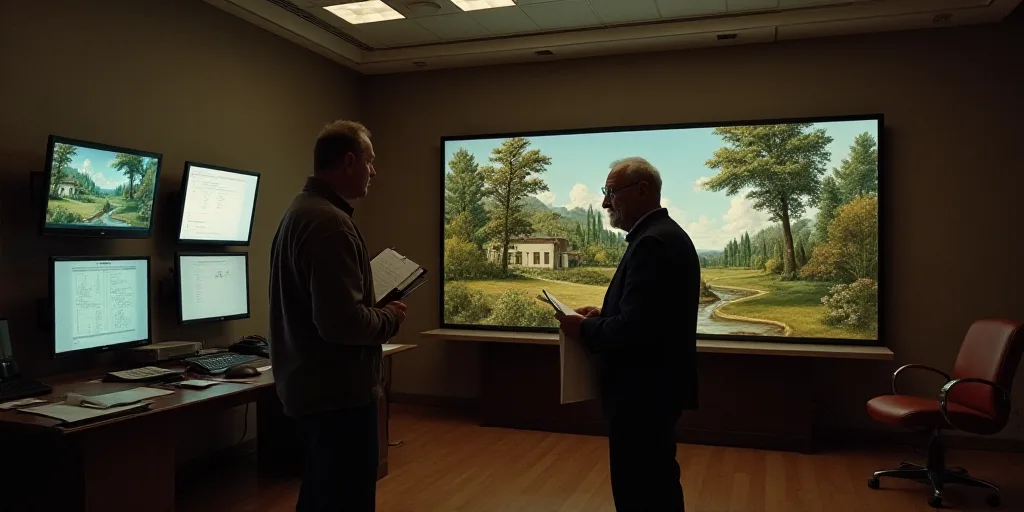 a man standing next to a man in a room with multiple monitors on the wall and a man holding a clipbo
