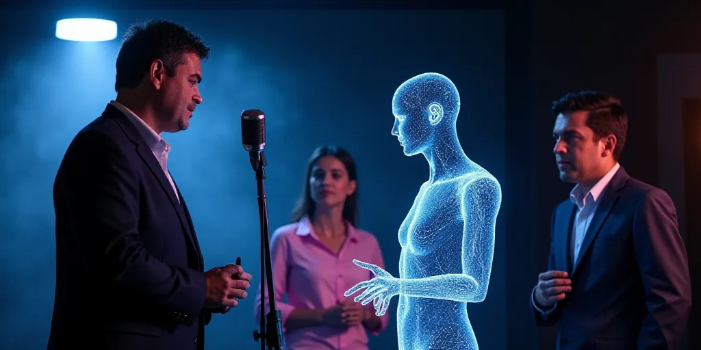 a man standing next to a microphone in front of a woman in a pink shirt and a man in a suit, Estuard