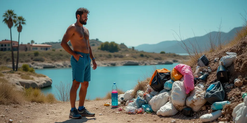 a man standing next to a pile of trash and a bottle of water and a pink and blue water bottle, Aquir