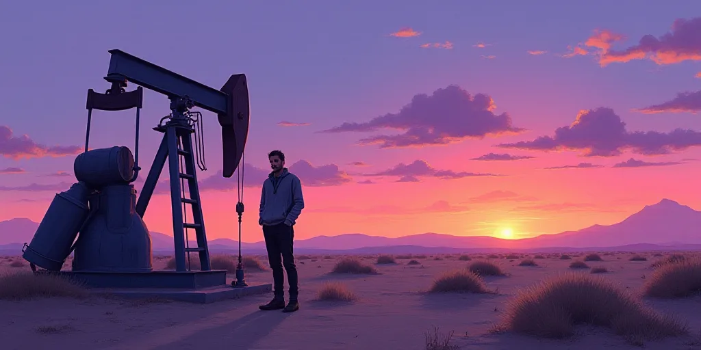 a man standing next to a pump in the desert at sunset with a purple sky behind him and a purple and