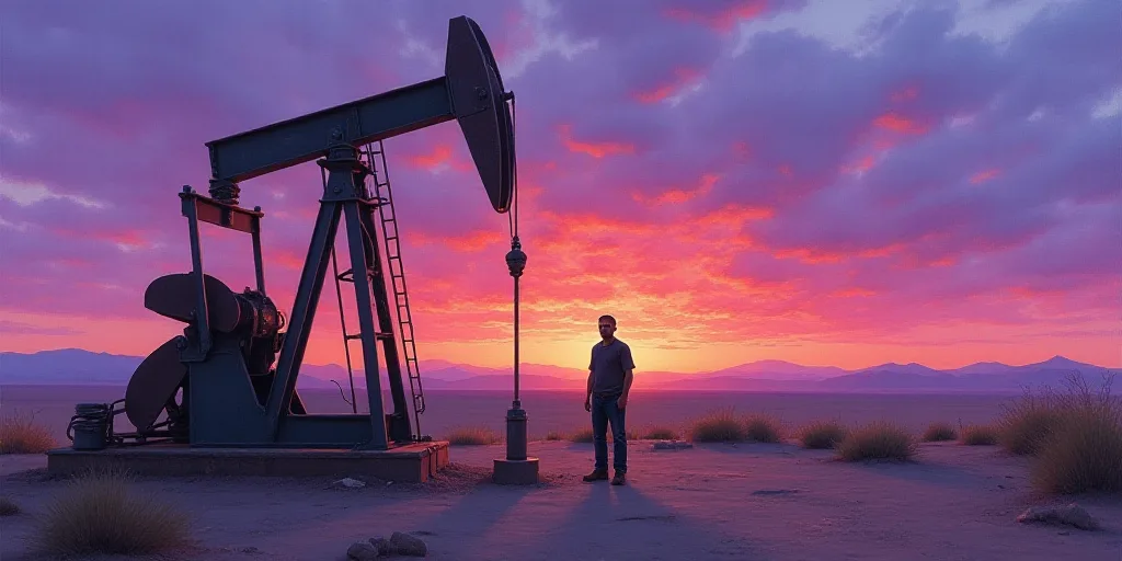 a man standing next to a pump in the desert at sunset with a purple sky behind him and a purple and