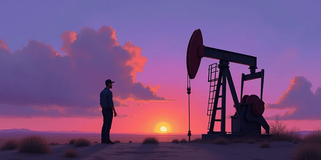 a man standing next to a pump in the desert at sunset with a purple sky behind him and a purple and