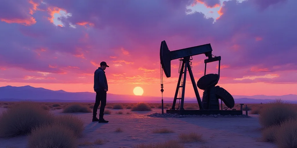 a man standing next to a pump in the desert at sunset with a purple sky behind him and a purple and