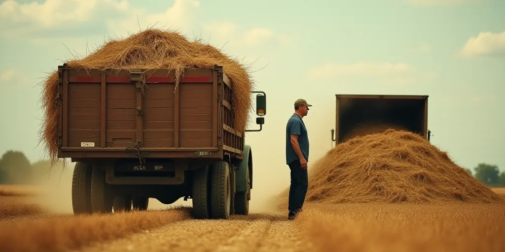 a man standing next to a truck filled with hay and a machine with a scoop of grain in it, Dahlov Ipc