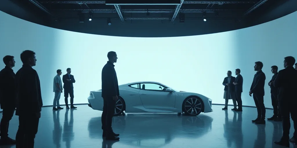a man standing next to a white car with a large screen behind it and people standing around it in a
