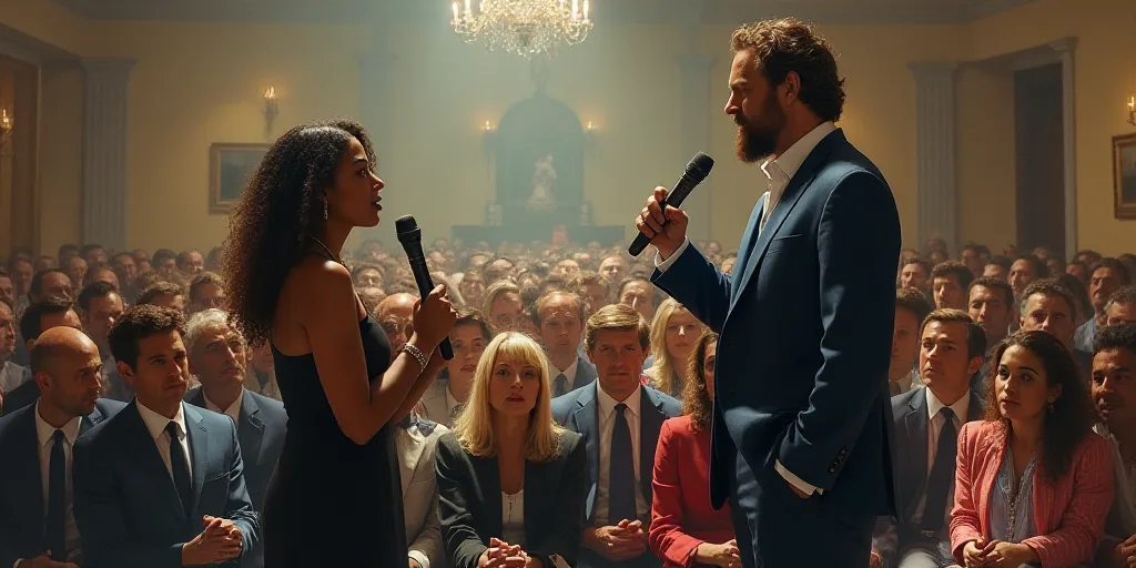 a man standing next to a woman holding a microphone in front of a crowd of people in a room, Edward
