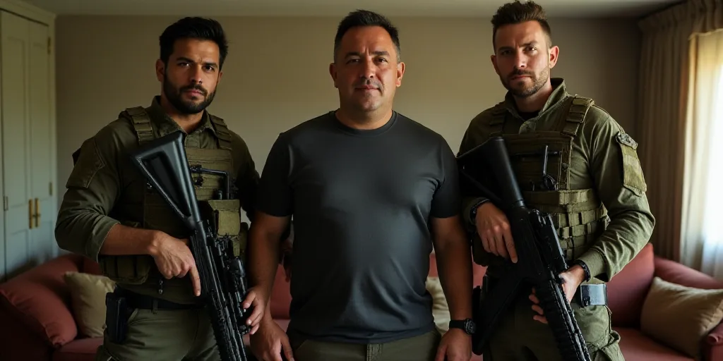 a man standing next to two men in military gear and holding guns in their hands and a couch in the b