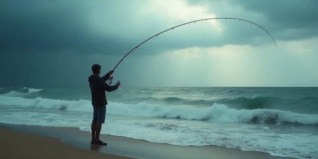a man standing on a beach holding a fishing pole and fishing pole in his hands while fishing in the