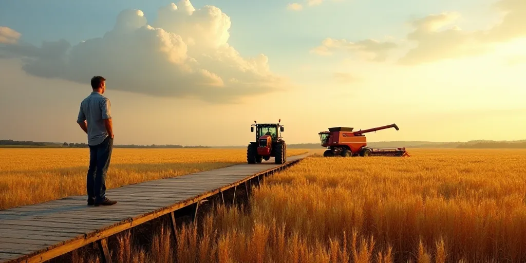 a man standing on a bridge over a field of grain next to a tractor and a combine truck in the distan