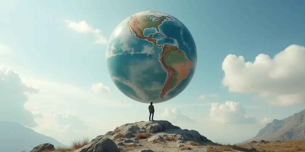 a man standing on a rock with a large earth in the air above him and a sky background with clouds, C