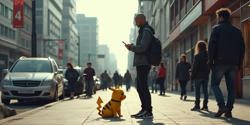 a man standing on a sidewalk with a dog and a cell phone in his hand while others stand around, Edi