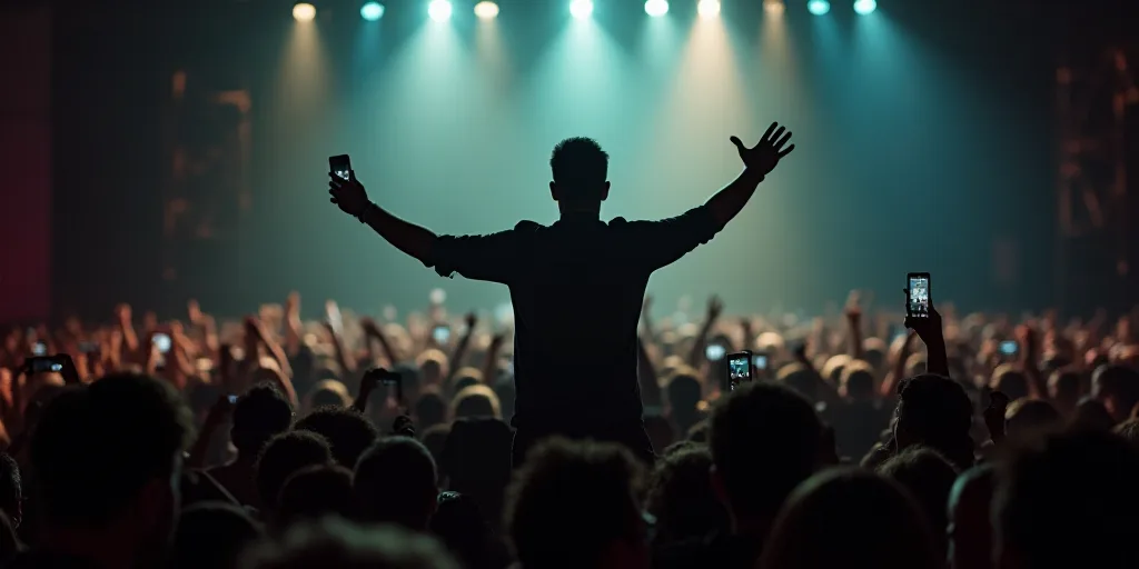a man standing on a stage in front of a crowd of people with cell phones in his hand and a microphon