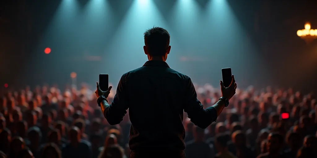 a man standing on a stage in front of a crowd of people with cell phones in his hand and a microphon