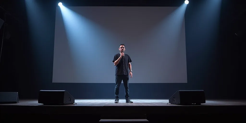 a man standing on a stage with a microphone in his hand and a large screen behind him that is suspen