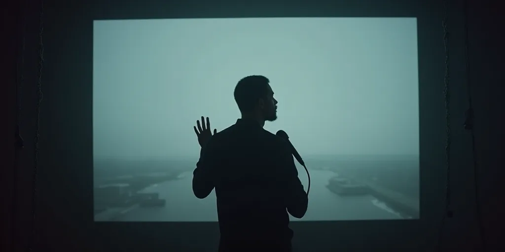 a man standing on a stage with a microphone in his hand and a large screen behind him that is suspen