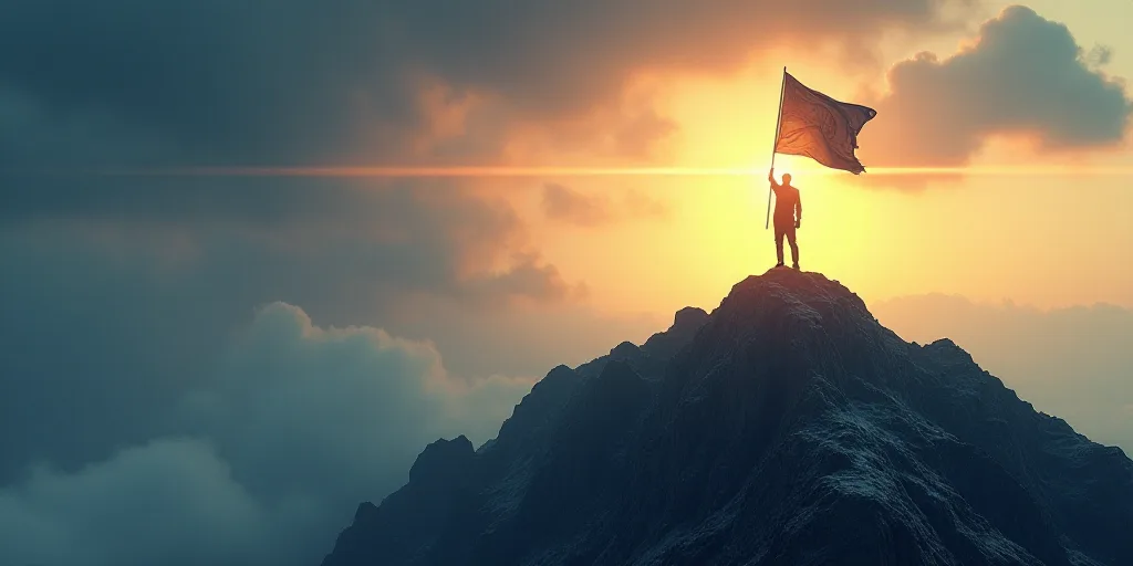 a man standing on top of a mountain holding a flag in his hand and a light shining on him, Bourgeois