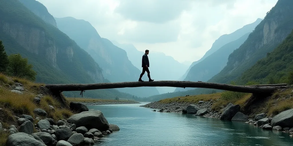 a man standing on top of a wooden bridge over a river next to a mountain range with a sky background