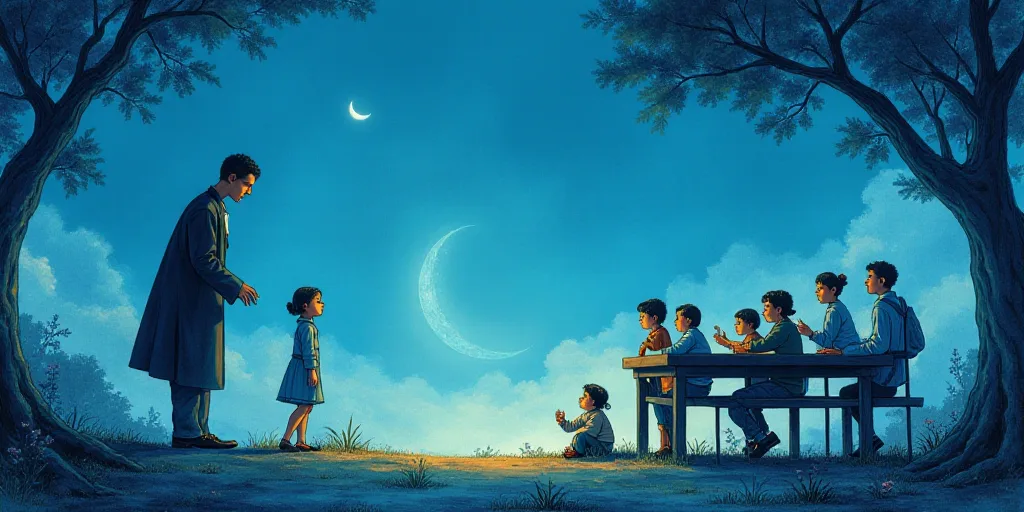 a man standing over a table with a group of children sitting around it and a woman standing over a t