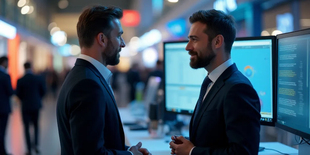 a man talking to another man in front of a computer screen at a trade show in a mall or mall, Andrie
