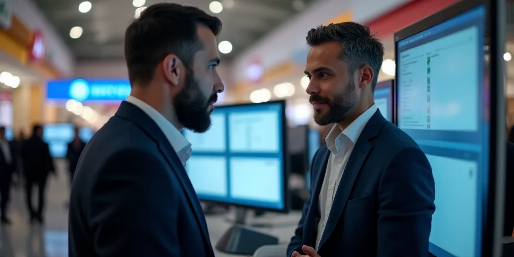 a man talking to another man in front of a computer screen at a trade show in a mall or mall, Andrie