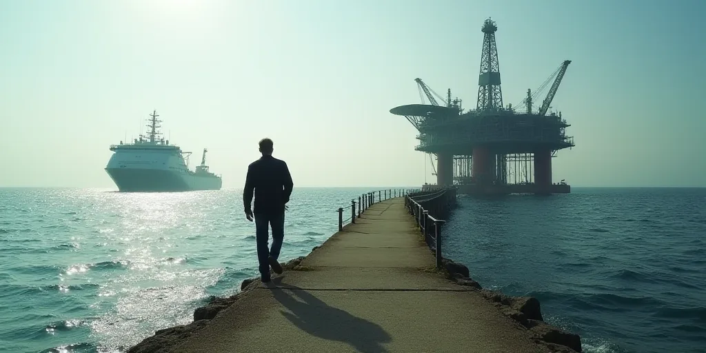 a man walking down a bridge next to a large oil rig in the ocean with a boat in the background, Cons