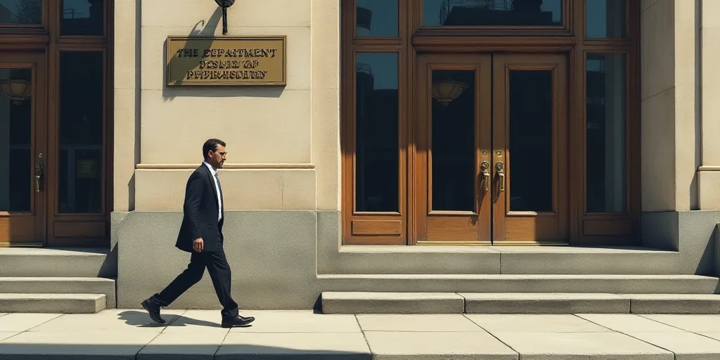 a man walking down a sidewalk past a building with a sign on it that says the department of the trea