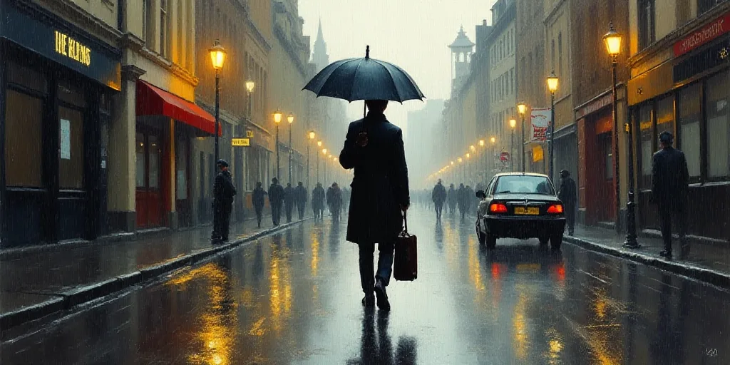a man walking down a street holding an umbrella in the rain with a bag on his shoulder and a bag on